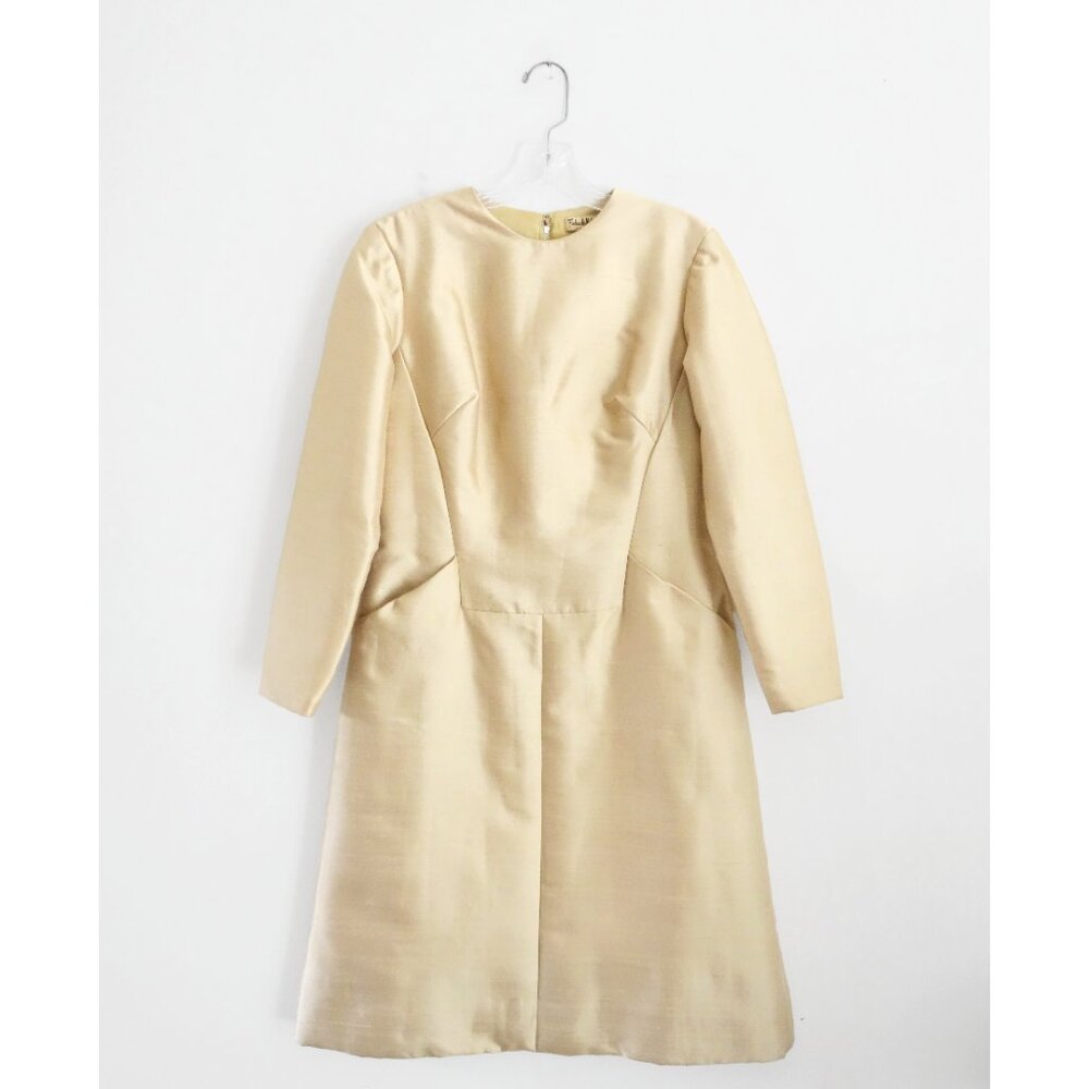 Vtg 60s Mardi Gras New York Gold Long Sleeve Cocktail Dress fit 12. Large